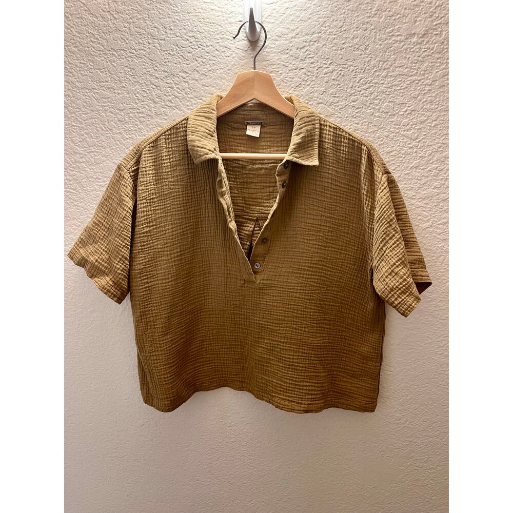 SOLD Organic Cotton Gauze Henley Top S Boho Coastal Grandmacore Olive Tan - Picture 3 of 11